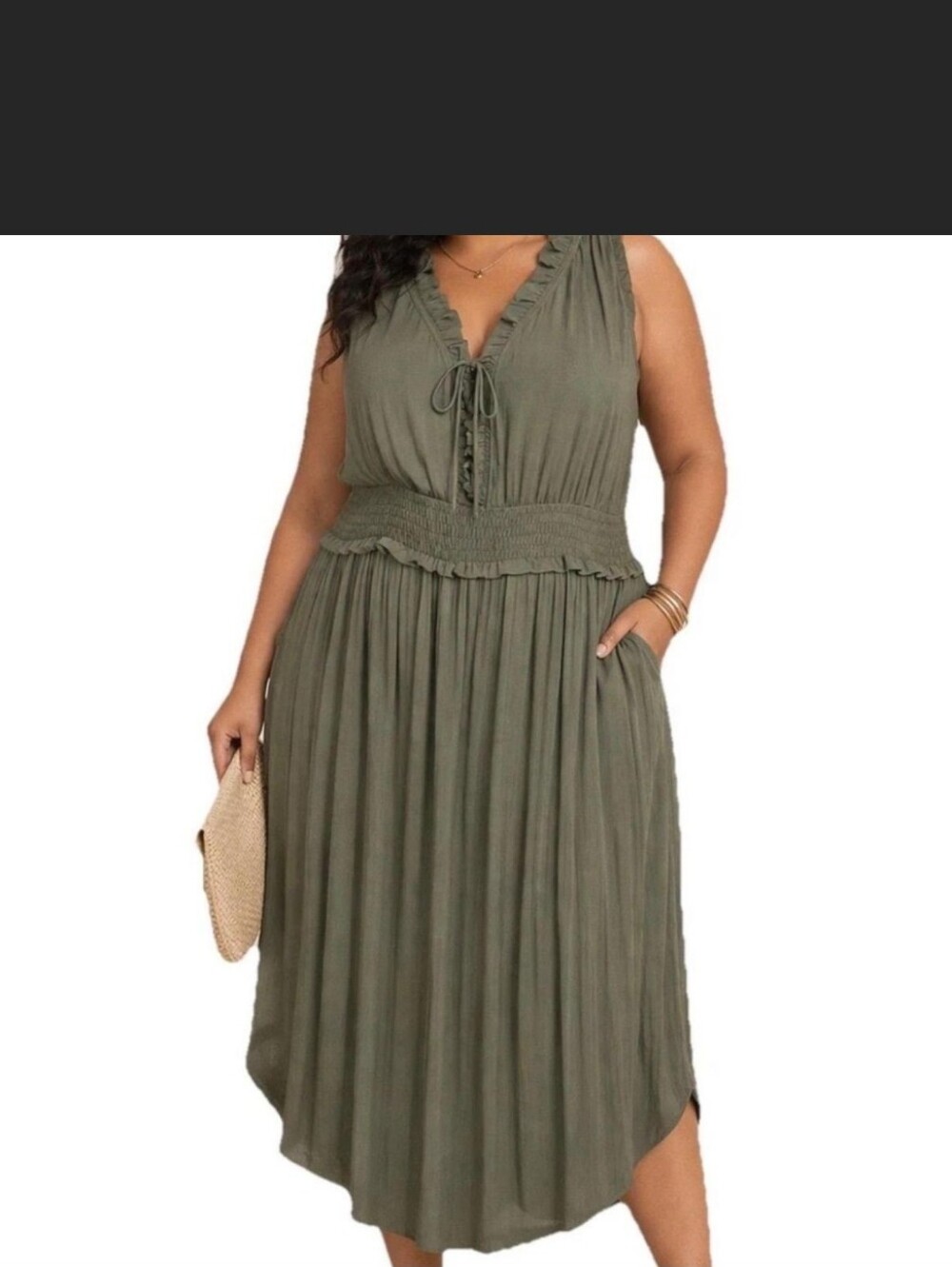 Nwot 18/20 Lane Bryant Olive Green Ruffle-Trim Pleated Midi Dress With Pockets